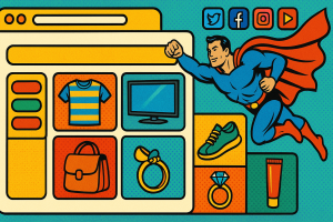 Ecommerce homepage displaying various products and social media integration.