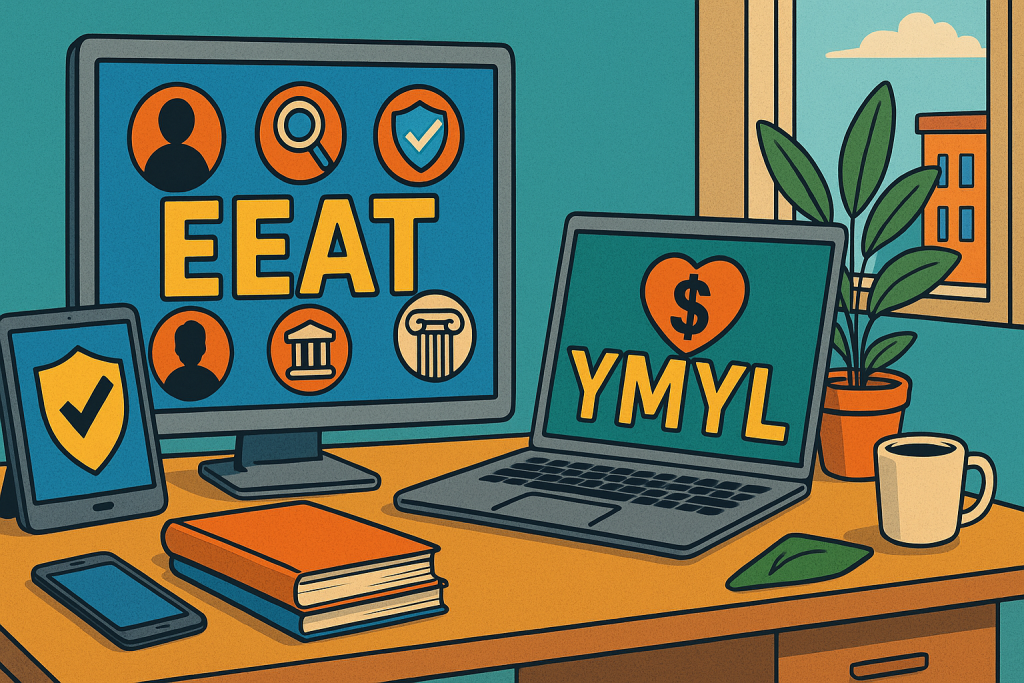 Modern workspace illustrating digital authority and trust in SEO content creation.