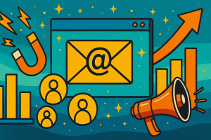 Digital landscape featuring marketing icons including email, graphs, and growth symbols.