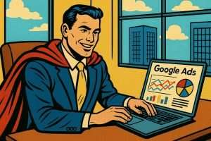 Person analyzing Google Ads data on a laptop for campaign optimization.