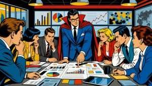Maxwell, a marketing strategist, leads a team analyzing email personalization data on a holographic screen in a modern agency.