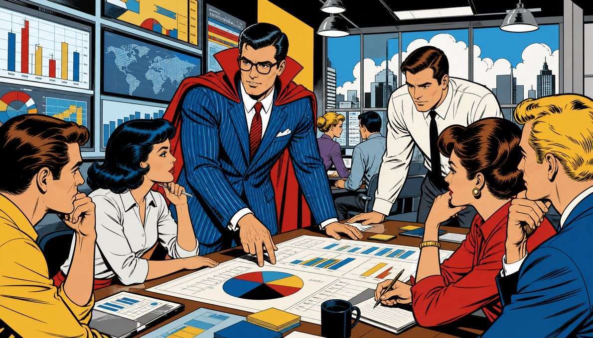 Maxwell, a rugged businessman, leads a high-stakes market entry strategy session, pointing at holographic marketing data.
