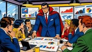 Maxwell, a strategic leader, analyzing PPC competitor data on a holographic screen in a digital agency war room.