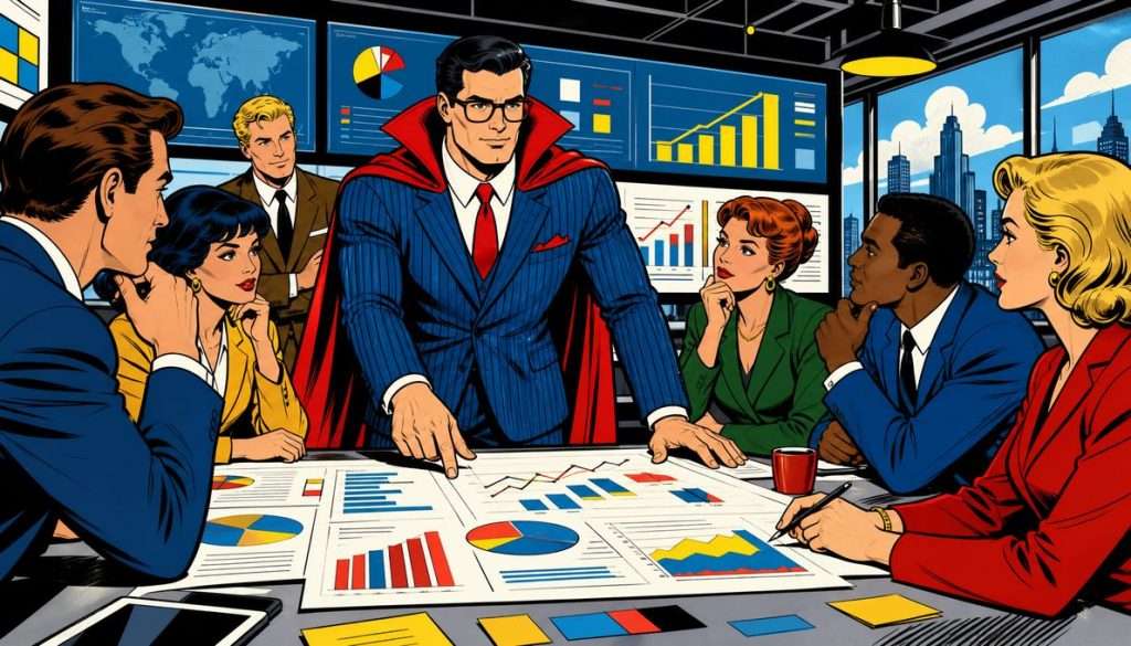 Maxwell, a rugged businessman, leads a high-stakes Google Ads optimization strategy session in a modern digital agency, pointing at holographic data.