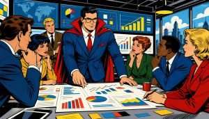 Maxwell, a rugged businessman, leads a high-stakes Google Ads optimization strategy session in a modern digital agency, pointing at holographic data.
