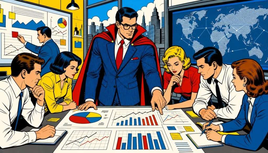 Maxwell, a marketing strategist, leads a war room session, analyzing remarketing strategies and abandoned cart data on a holographic screen.